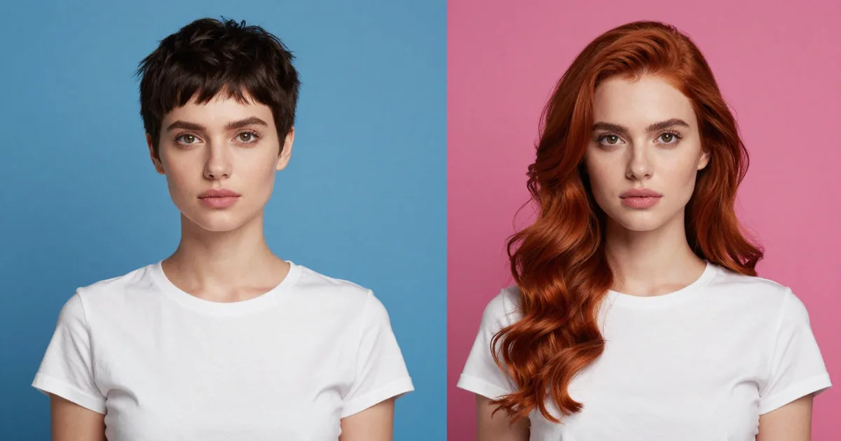 Side-by-side portraits of a woman in a white T-shirt, with short dark hair on blue and long red hair on pink