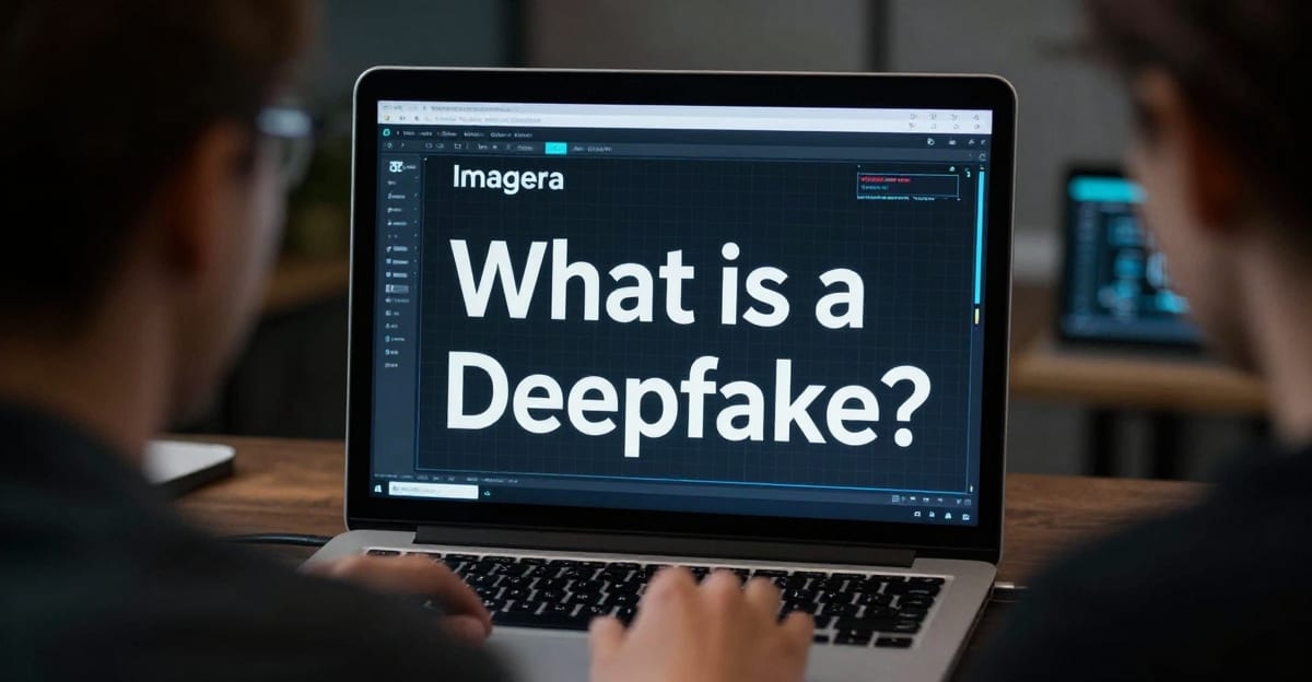Person typing on a laptop whose screen reads Imagera and What is a Deepfake? in large white letters