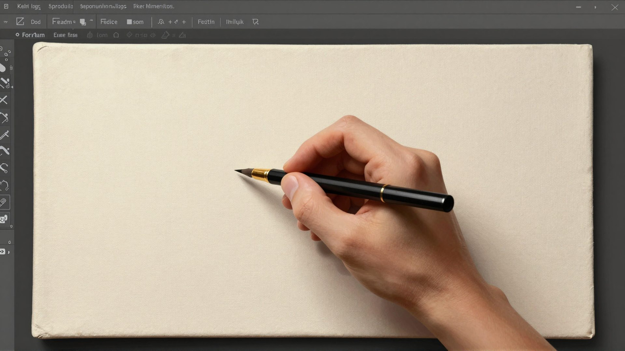 Hand holding a black and gold pen above a blank cream canvas inside a digital painting app interface