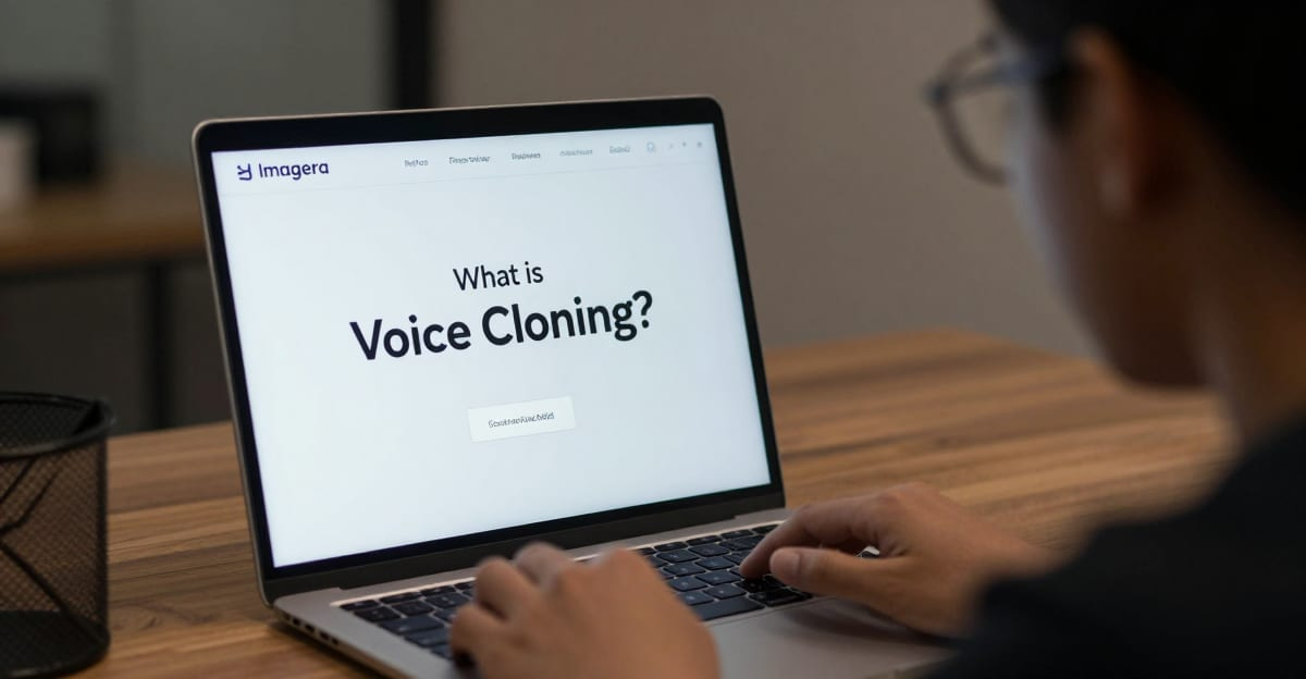 Person with glasses typing on a laptop showing an Imagera web page with the heading What is Voice Cloning?