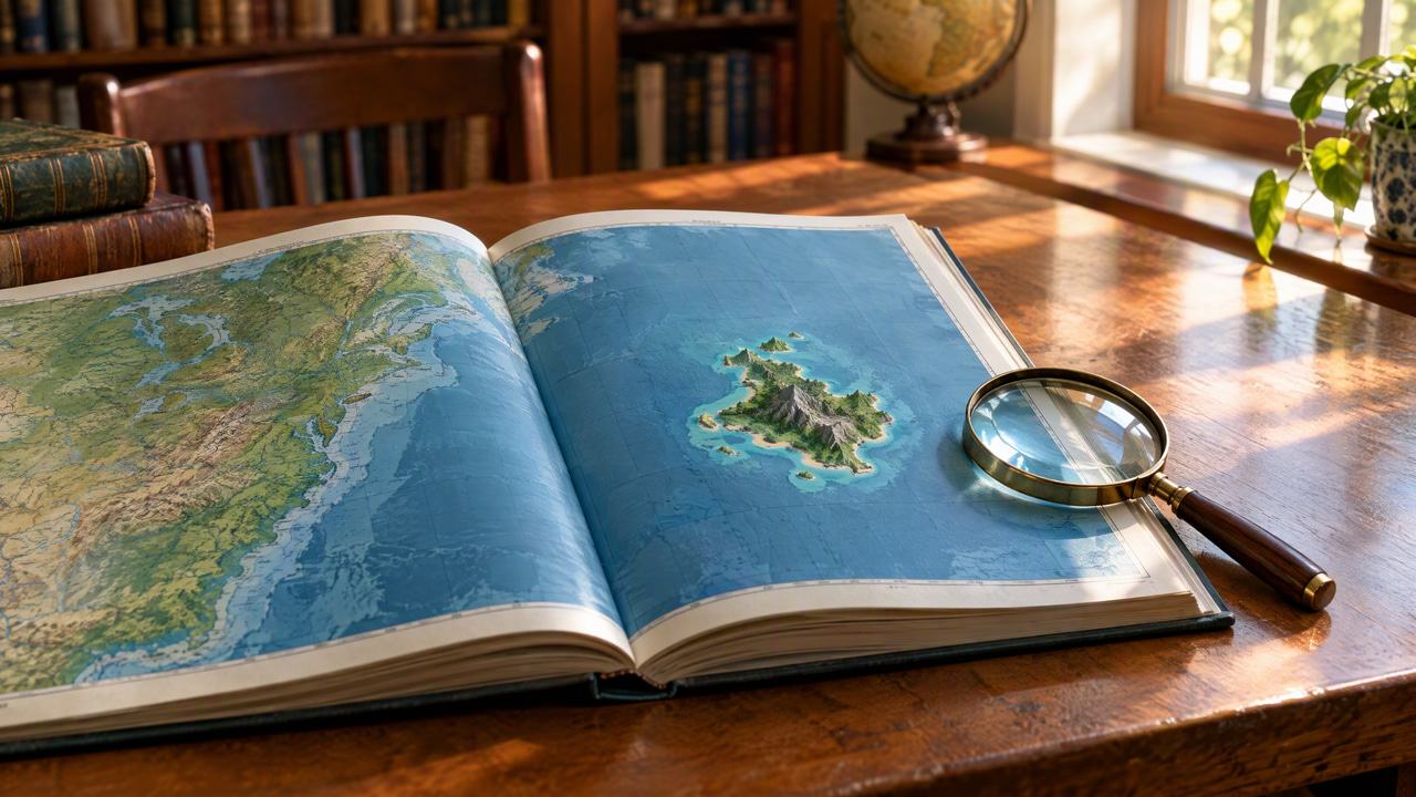 Open atlas on a library table with a magnifying glass over a small invented island beside a real coastline