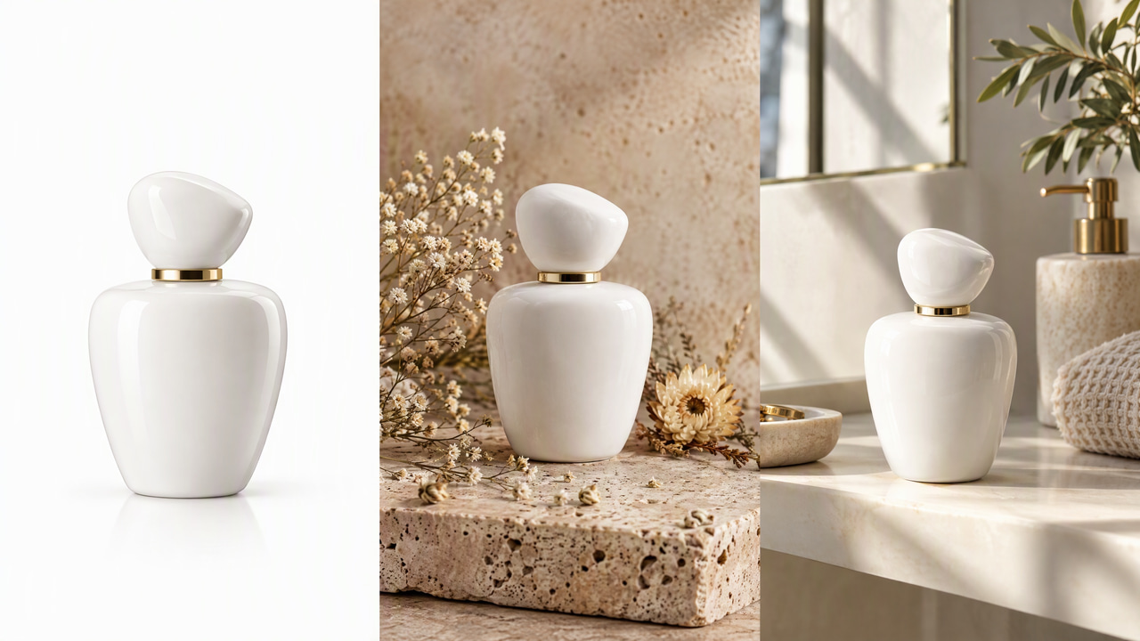 The same white perfume bottle shown on plain white, on travertine with dried flowers and on a sunlit bathroom shelf