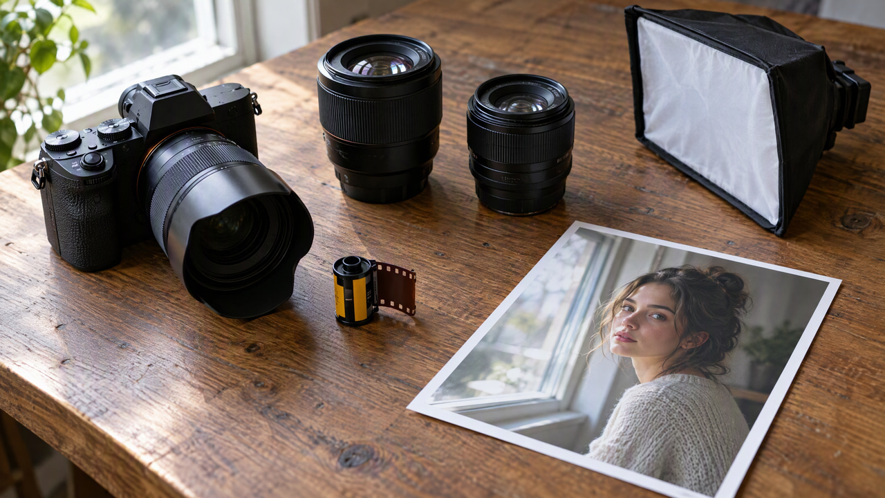 Camera, 50mm and 85mm lenses, a film roll and a small softbox beside a printed window-light portrait