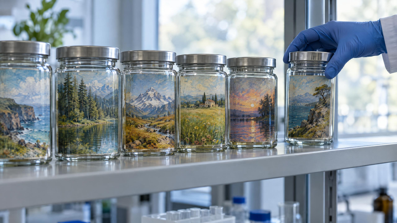 Row of glass jars on a lab shelf, each holding a small painted landscape, as a gloved hand adds another