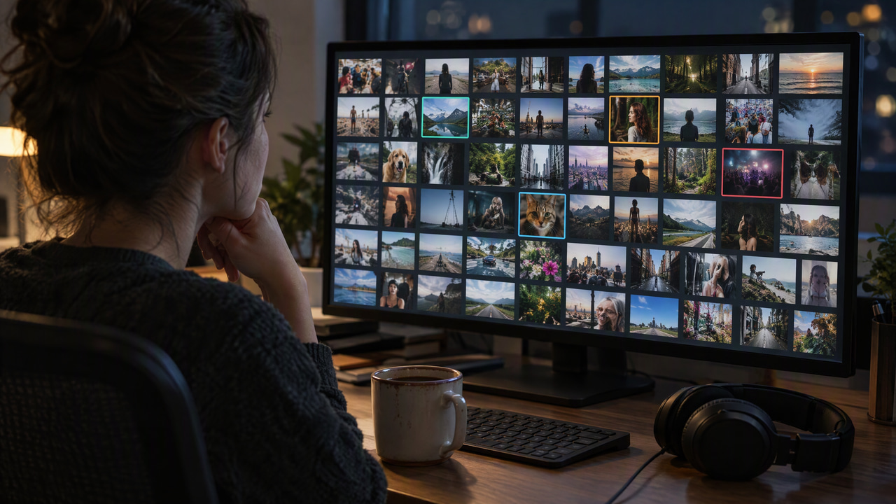 Moderator's monitor at night tiled with photo thumbnails, a few outlined, with a mug and headphones in front