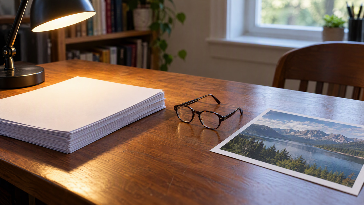 Desk with a stack of essay pages under a lamp and a printed lake landscape photo, reading glasses between them