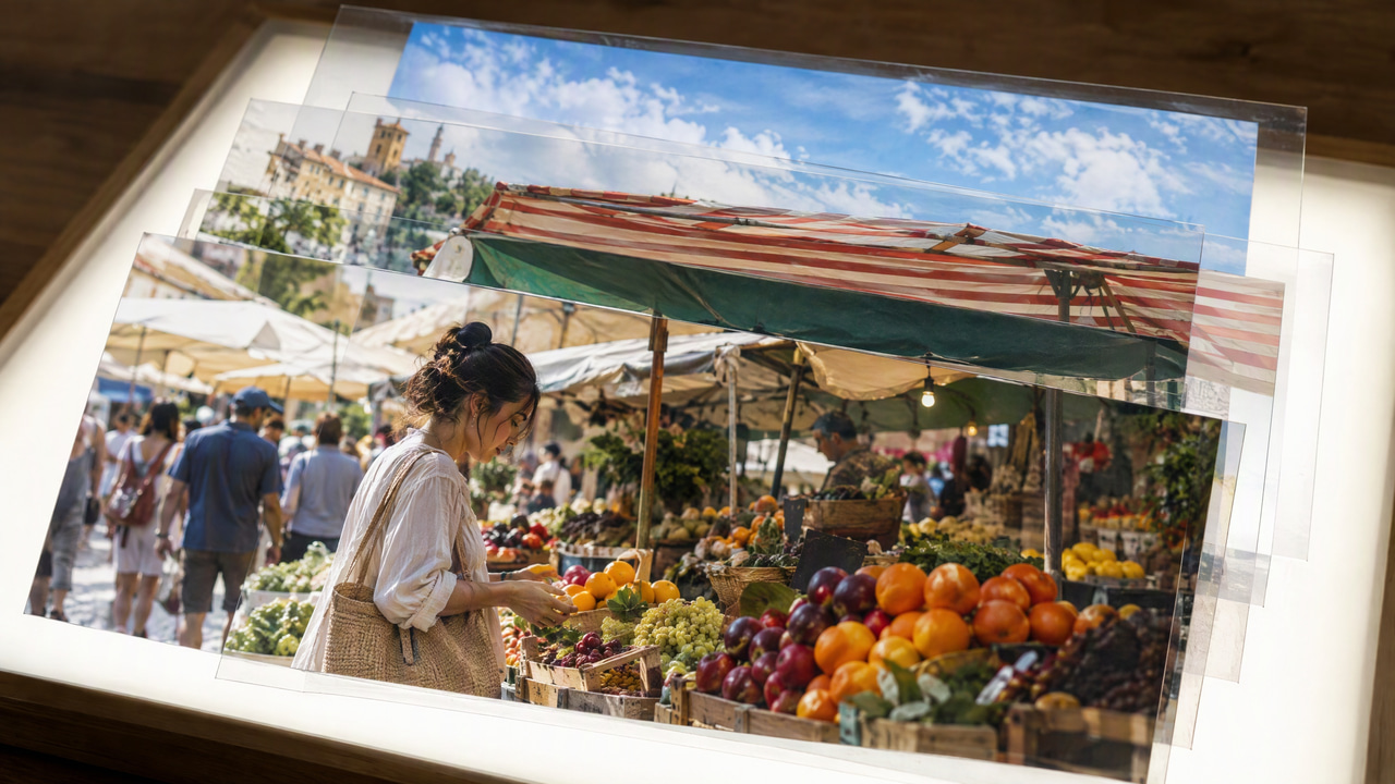 Street-market photo printed on layered, offset acetate sheets on a lightbox