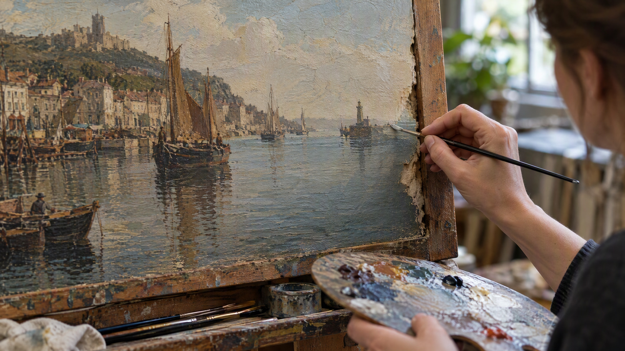 Restorer's hands repainting a missing corner of an old harbour painting so it blends into the brushwork