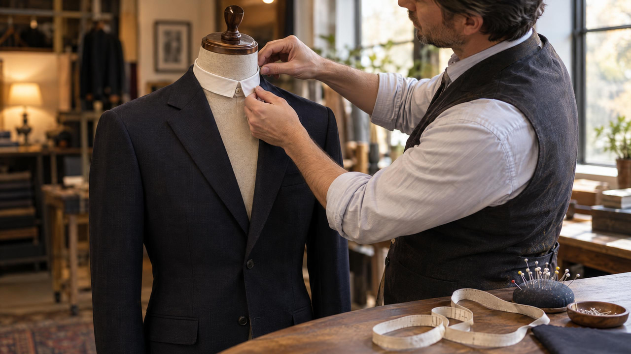 Tailor fitting a small detachable collar onto a finished jacket on a mannequin in a warm workshop