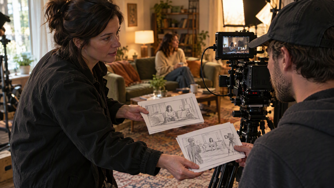 Director handing storyboard sketch cards to a camera operator on a small, warmly lit film set