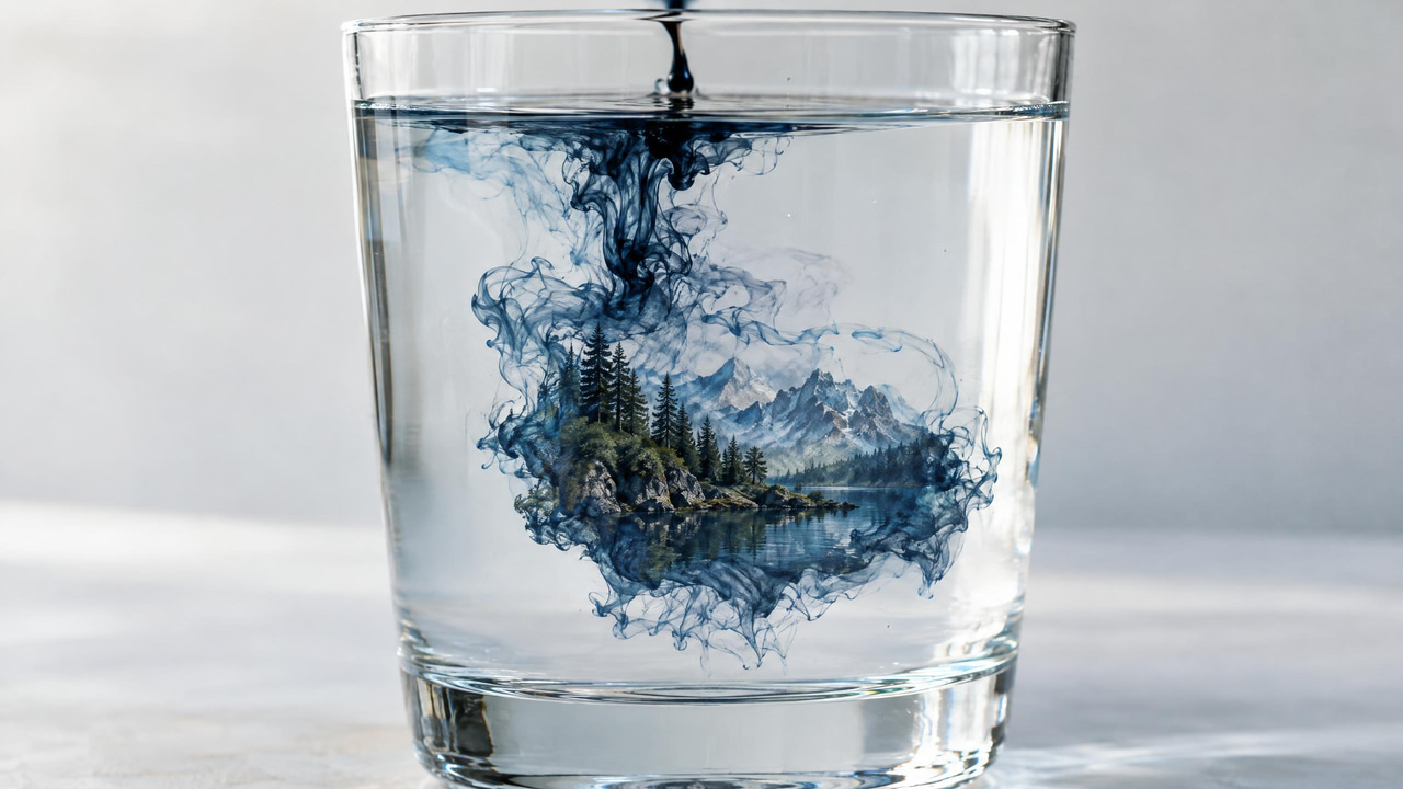 Macro photo of ink in a glass of water resolving into a small detailed landscape