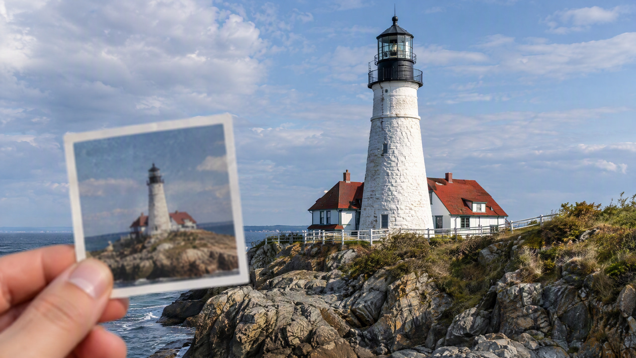 Small soft print of a lighthouse held up in front of the same lighthouse seen sharp and detailed