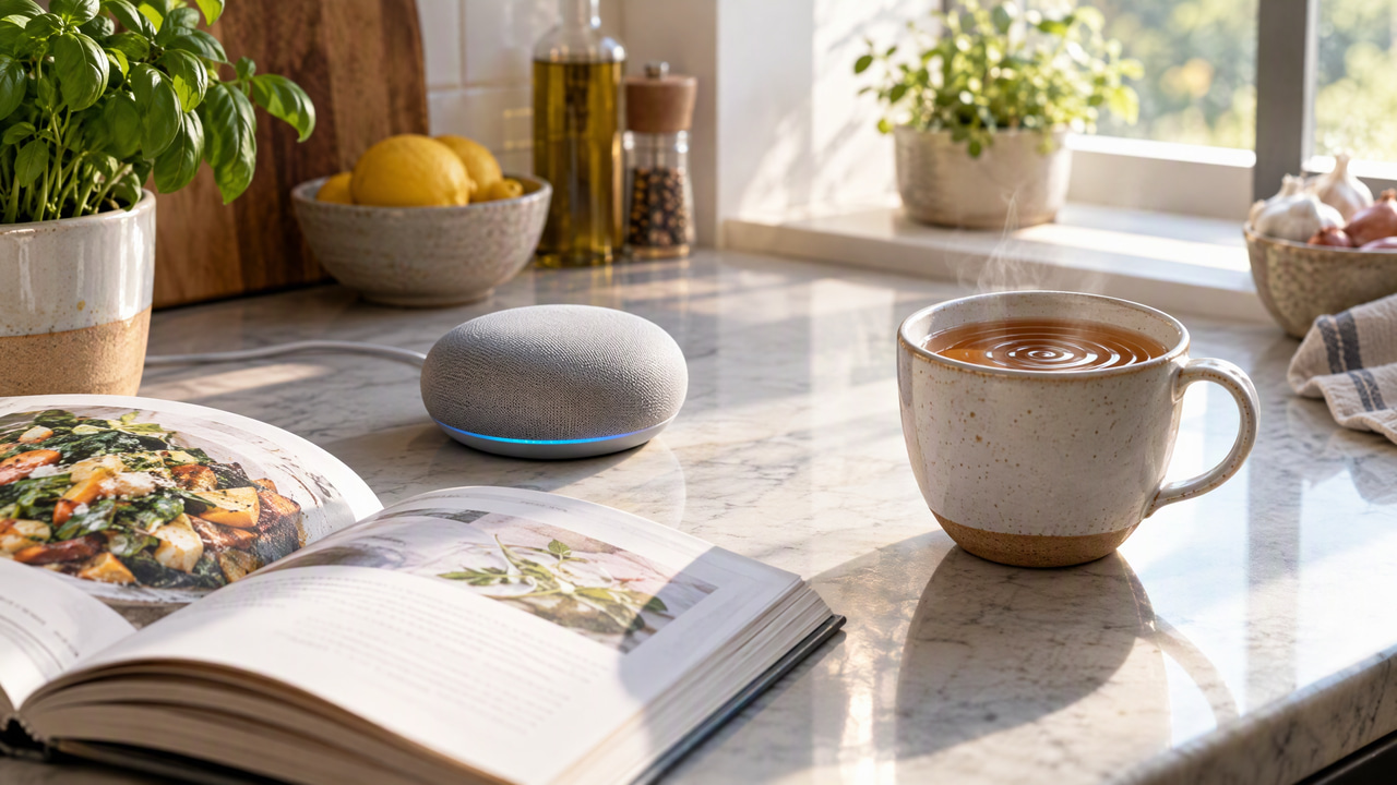 Smart speaker on a kitchen counter beside an open recipe book, with ripples in a nearby cup of tea