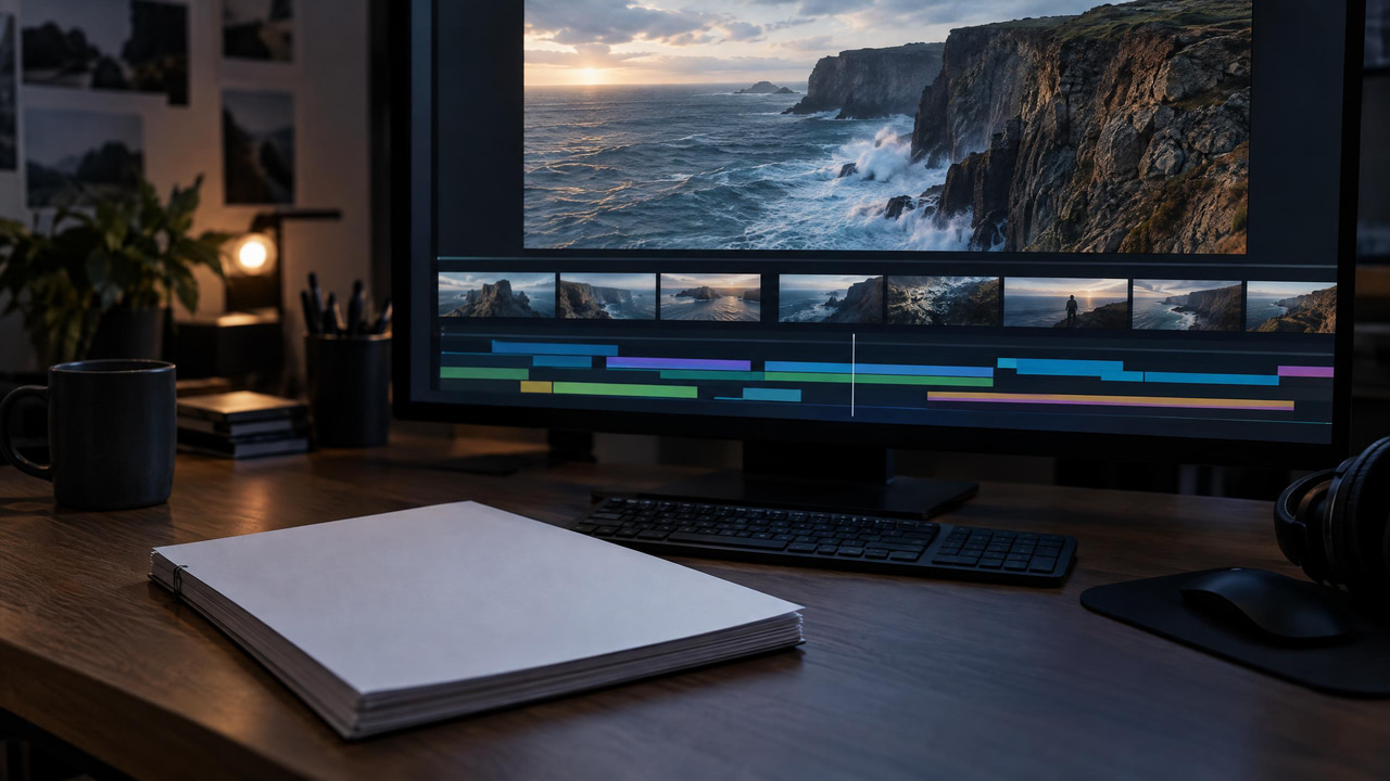 Editor's desk with a closed script and a monitor playing a shot of waves at a cliff above a clip timeline