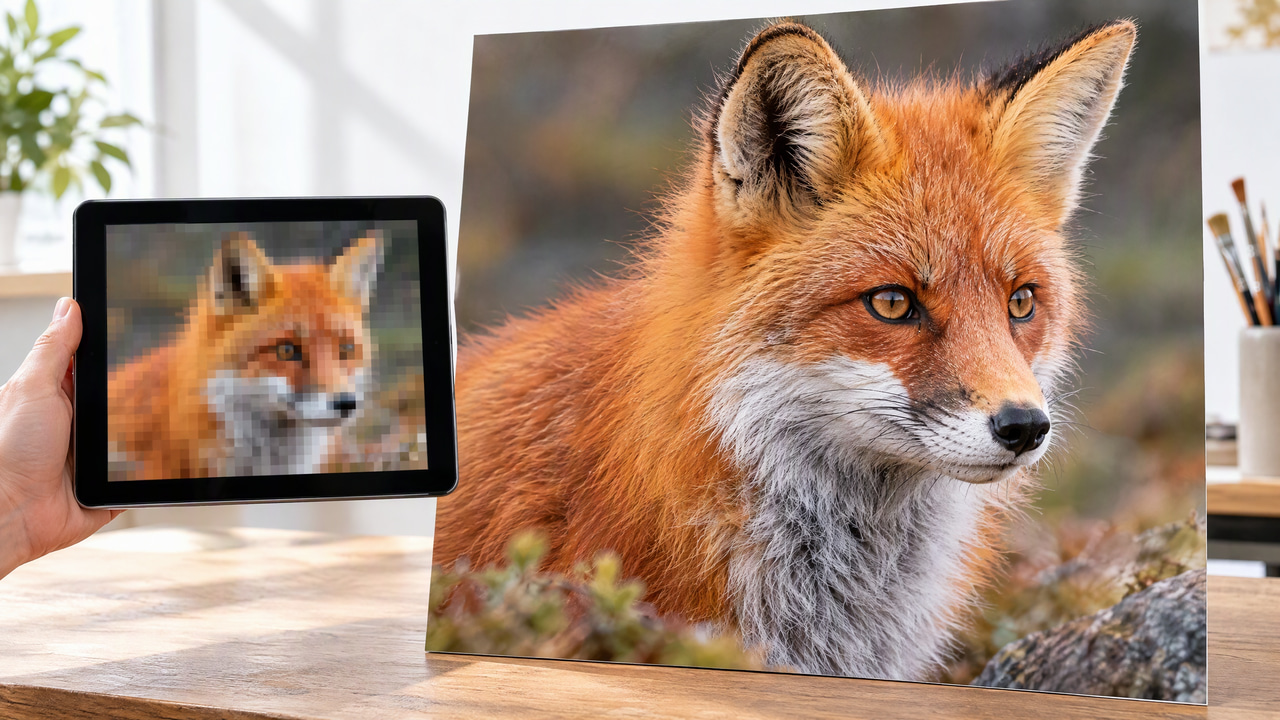 Tablet showing a pixelated fox photo beside a large sharp print of the same fox