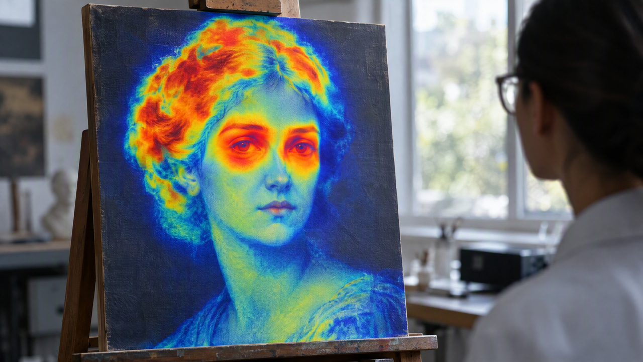 Heat-map colours over a painted portrait on an easel, hottest around the eyes and hair, watched by a researcher