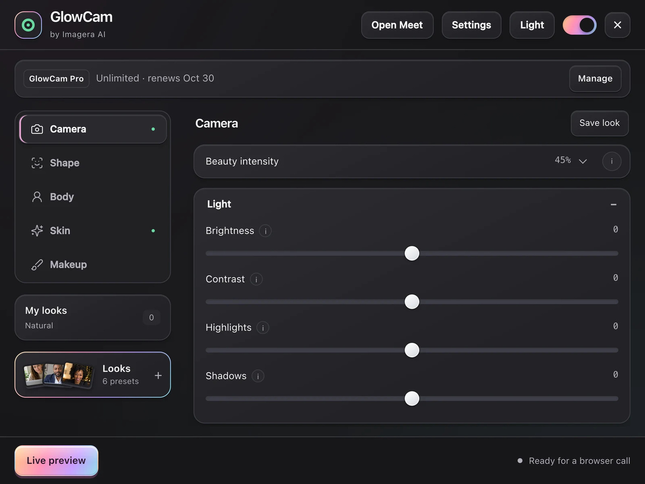 The GlowCam control panel with camera, skin, body and makeup settings