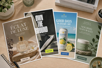 Marketing Brand Studio sample: Illustration · A stack of finished static ads for different products (illustration)