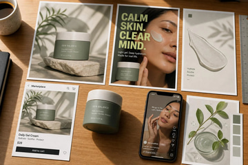 Marketing Studio sample: Illustration · Marketing visuals for one product laid out on a table (illustration)