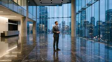 Trained Look Generator example: Your subject in a glass lobby — editorial, wide.