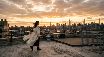 LoRA Generate example: Fashion on a rooftop at golden hour.