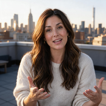 Seedream 5 Pro Edit sample: The same presenter moved to a golden-hour rooftop, face and pose kept.
