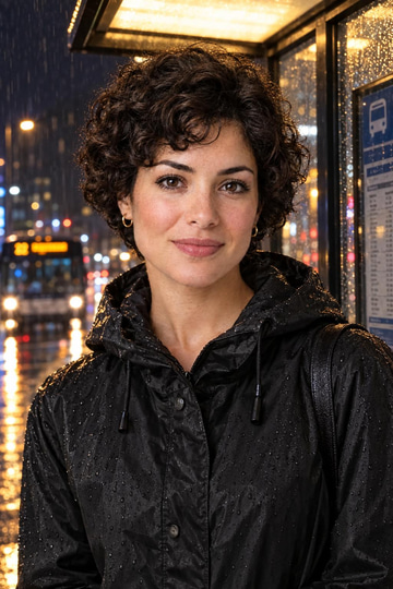 Ideogram Character sample: The same face carried to a rainy bus stop at night.
