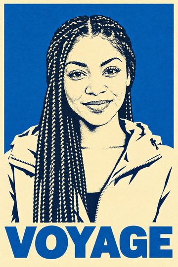 Ideogram Character Remix sample: The same face restyled as a poster titled VOYAGE.