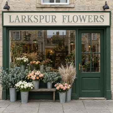 Ideogram V3 Edit sample: Lettering reading LARKSPUR FLOWERS set into the masked, blank sign of a green flower shop front.