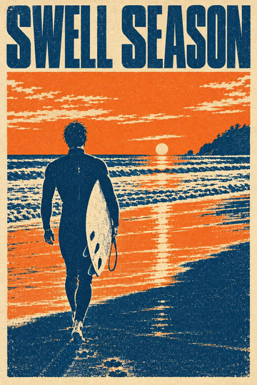 Ideogram V3 Remix sample: A beach photo restyled as a poster titled SWELL SEASON.