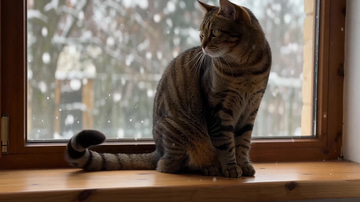 PixVerse V6 Text To Video sample: A tabby cat at a window in falling snow.