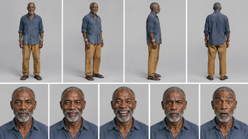 Character ID sample: A grey-bearded Senegalese fisherman shown front, three-quarter, profile and full body on one sheet.