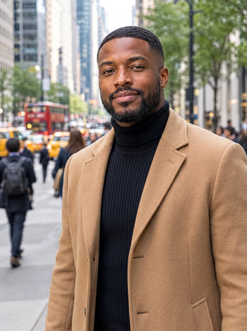 Fast Edit sample: A navy suit and white shirt swapped for a camel overcoat over a black roll-neck, with the same face, beard, pose and busy street behind him. Made on Ultra Fast speed