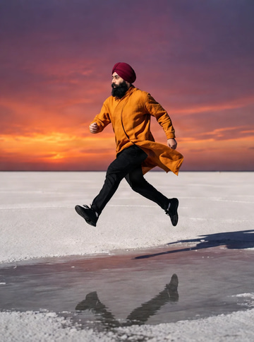 FIBO Edit 1.5 sample: Edit: a leaping man moved from a grey car park onto a mirrored sunset salt flat, his hoodie changed to a saffron coat.