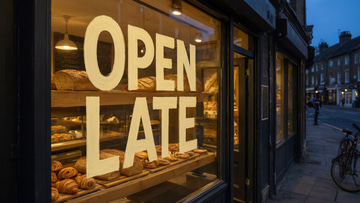 Imagera Typeset 3 (Edit) sample: The bakery headline rewritten to OPEN LATE, typeface held