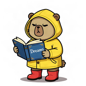 Imagera Queen Edit sample: T-shirt changed to a yellow raincoat and red boots; face, pose and the Dreams book kept