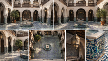 Location ID sample: A six-view reference sheet of a sunlit Fez riad courtyard, layout and light consistent.