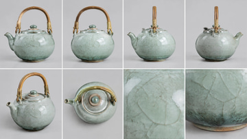 Object ID sample: A jade celadon teapot with bamboo handle shown from five angles plus glaze details.