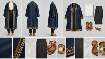 Outfit ID sample: A reference sheet for an indigo wrap coat with woven trim, silk trousers and brass cuffs.