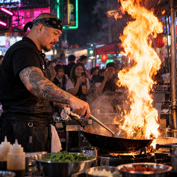 ChatGPT 2.5 Sunburst sample: A street chef flambés a wok at a neon-lit night-market stall, flames leaping into the dark.