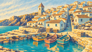 Recraft V4 Styles sample: Three wooden fishing boats moored below a hillside village of whitewashed houses and a church tower, painted in a paper-grain gouache with a teal, mustard and terracotta palette