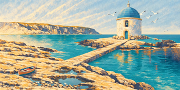 Recraft V4 Styles Pro sample: A whitewashed chapel with a blue dome on a rocky islet, joined to the shore by a stone causeway, with a rowing boat in a tide pool and gulls overhead, painted in a paper-grain gouache with a teal, mustard and cream palette