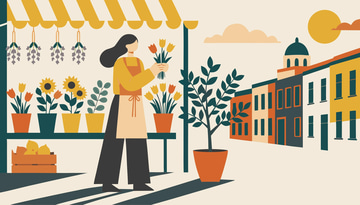 Recraft V4 Styles Vector sample: A flower seller holding tulips at a striped-awning market stall beside pots of sunflowers, drawn in a flat teal, burnt-orange, mustard and cream vector style