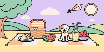 Recraft V4 Styles Vector Pro sample: A picnic blanket with a wicker basket, watermelon, lemonade and a happy puppy under a tree, drawn in a sticker style with thick black outlines and pastel fills
