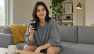 Ultra HD Image Generator example: A woman on a sofa holding a matte black tumbler