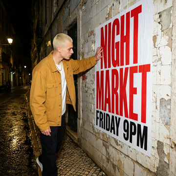 Imagera Typeset 3 sample: A young man pastes a bold NIGHT MARKET poster on a Lisbon wall under hard flash.