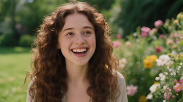 Recraft Crisp sample: A laughing woman in a flower garden, resolved to 4K