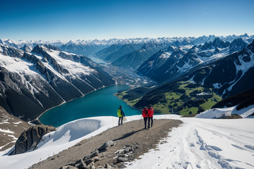 Clarity Upscaler sample: An alpine lake and snowfields with two hikers on the path