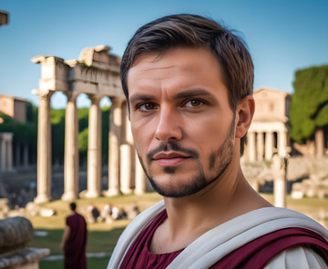 ESRGAN sample: A portrait in front of Roman ruins, resolved to 3.9MP