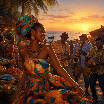 Mureka V9.5 Song sample: A sunny highlife song with sparkling guitars and horns, like dancing at a seaside market at dusk.